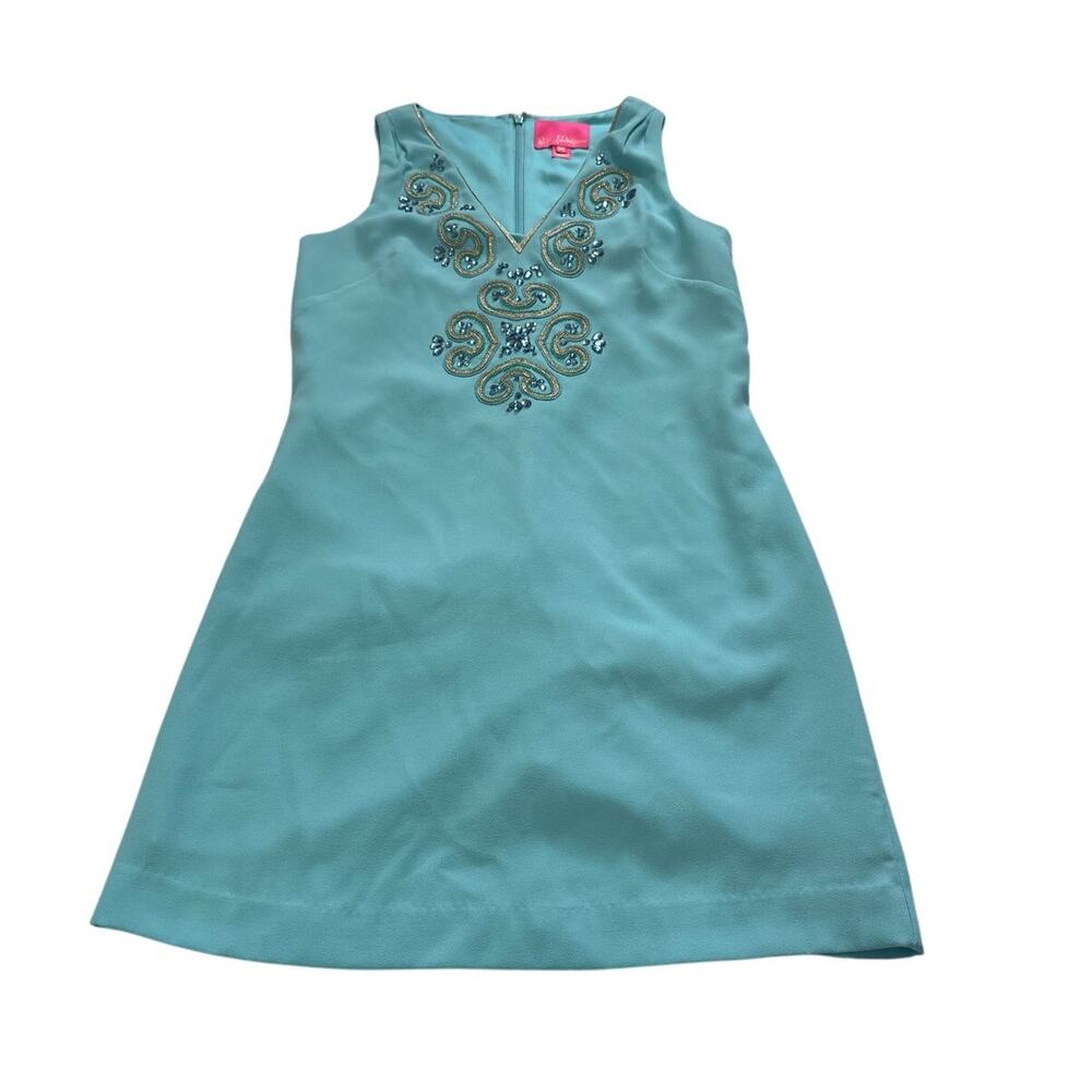 Lilly Pulitzer Womens 00 Penelope Blue Ibiza Embellished Jewel Satin Shift Dress - Picture 3 of 10